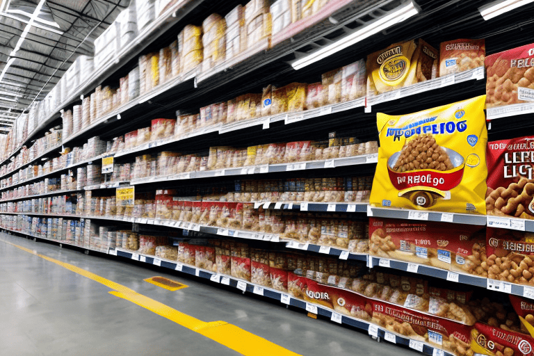 A large costco warehouse with a variety of dog food bags on the shelves