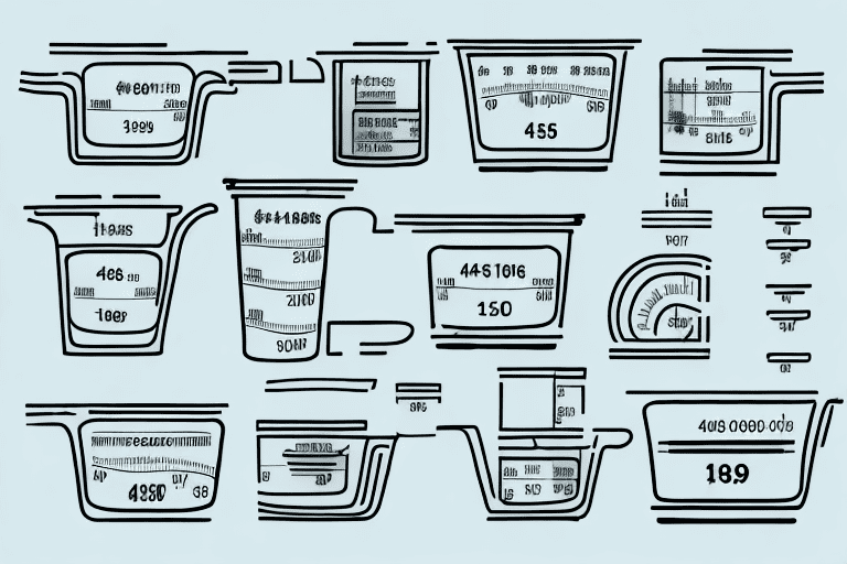 A large bag of dog food being poured into a multitude of measuring cups