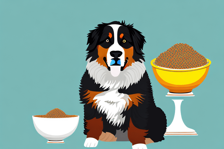 A bernese mountain dog sitting next to a bowl filled with an appropriate portion of dog food