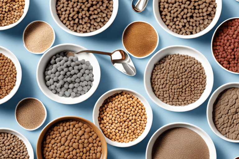 Various types of dry dog food displayed in different bowls