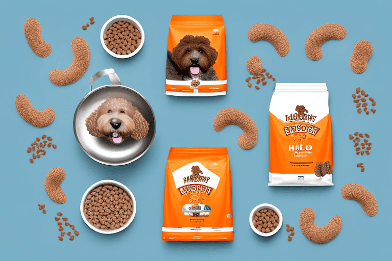 A happy and healthy labradoodle enjoying a bowl of high-quality dog food