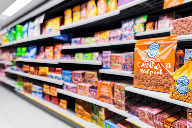 A variety of carna4 dog food packages on a store shelf