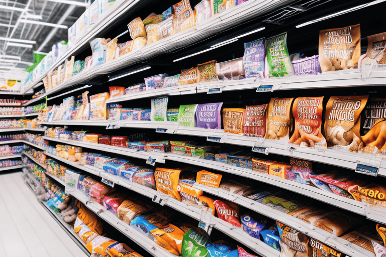 A shopping cart filled with various bags of titan dog food