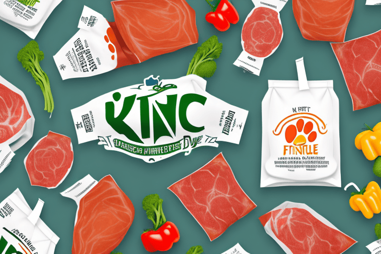 A variety of kinetic dog food bags surrounded by fresh ingredients like meats and vegetables