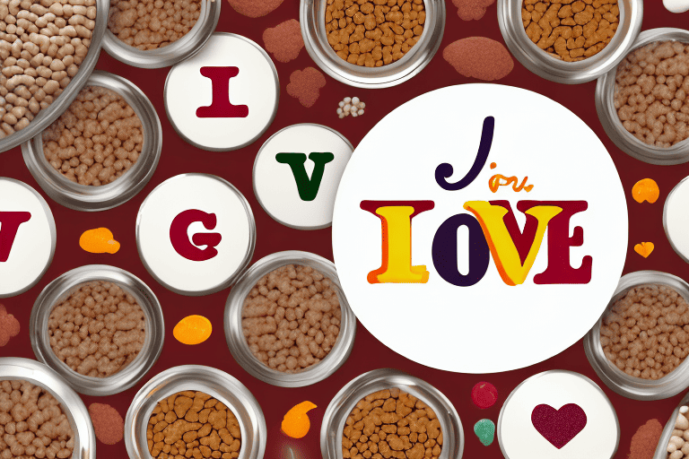 A variety of "i and love and you" dog food products arranged in a semi-circle