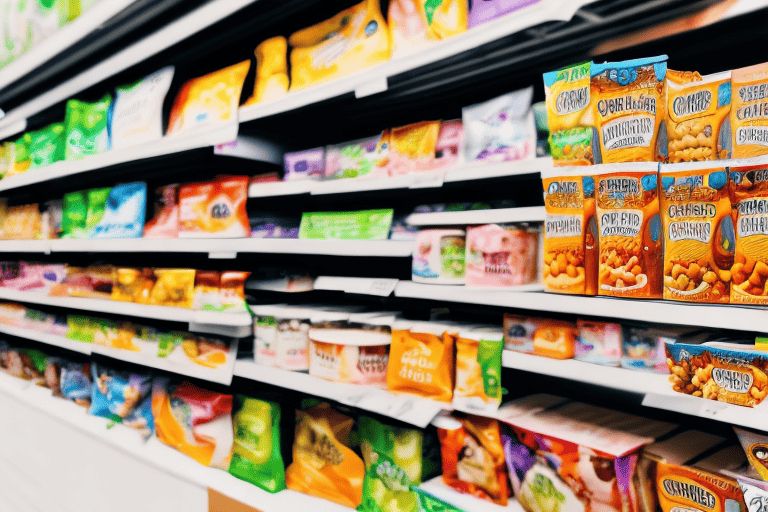 A variety of open nature dog food packages on a store shelf