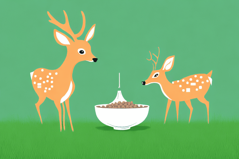 A curious deer sniffing at a bowl of dog food placed in a grassy woodland setting