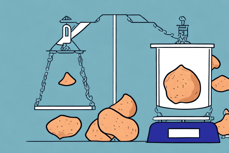 A scale balancing a quart container filled with dog food and a pile of pounds weight