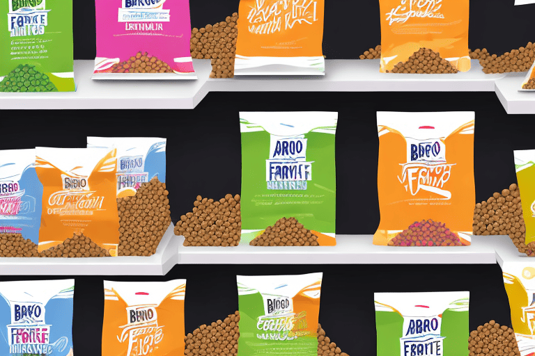 A variety of bravo dog food bags arranged on a store shelf