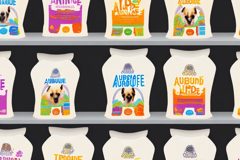 A variety of life abundance dog food bags arranged on a store shelf