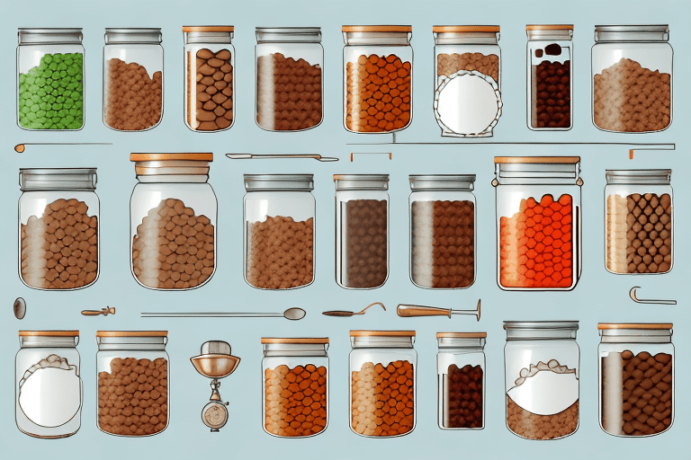 Various types of homemade dog food stored in different containers like jars and bowls