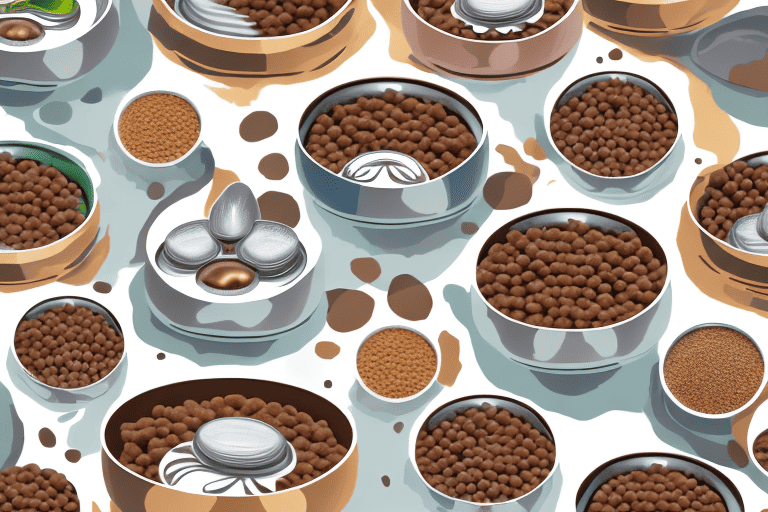 Several different types of dog food in bowls