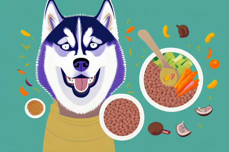 A husky happily eating from a bowl filled with nutritious dog food