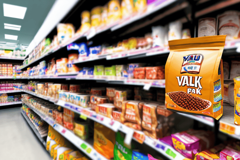 Several bags of valu pak dog food placed prominently on a store shelf