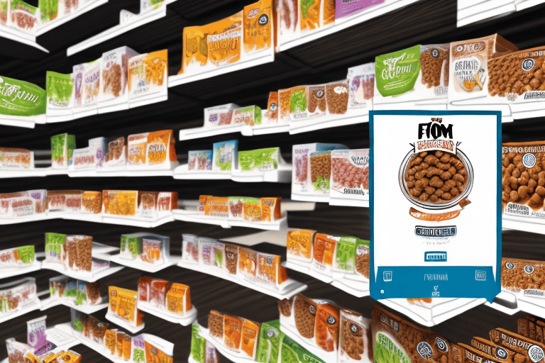 A variety of fromm dog food packages on a store shelf with a map pin icon above it