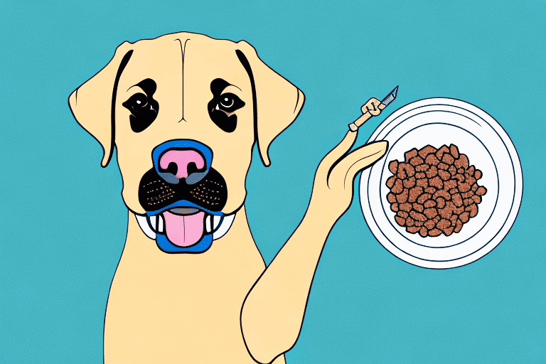 A labrador puppy happily eating from a properly portioned bowl of dog food