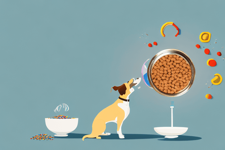 A curious dog sniffing a bowl filled with a variety of colorful dog food