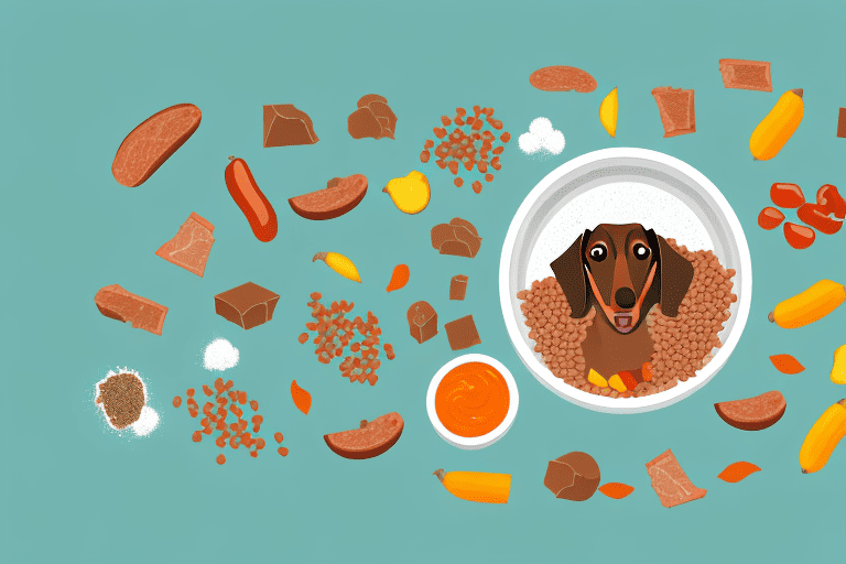 A dachshund happily eating from a bowl filled with nutritious dog food