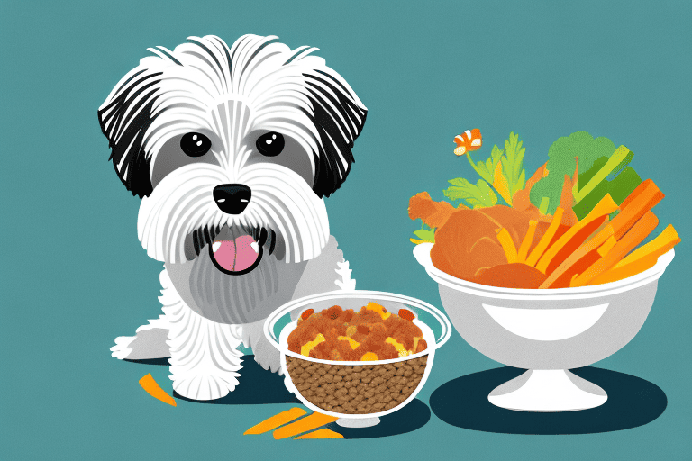 A havanese dog happily eating from a bowl filled with a balanced mix of dog-friendly foods such as meat