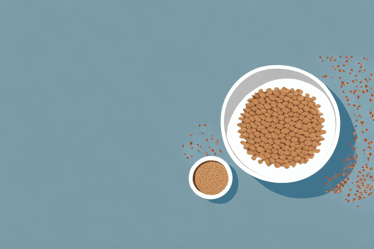 A bowl of dog food with visible sorghum grains and a happy