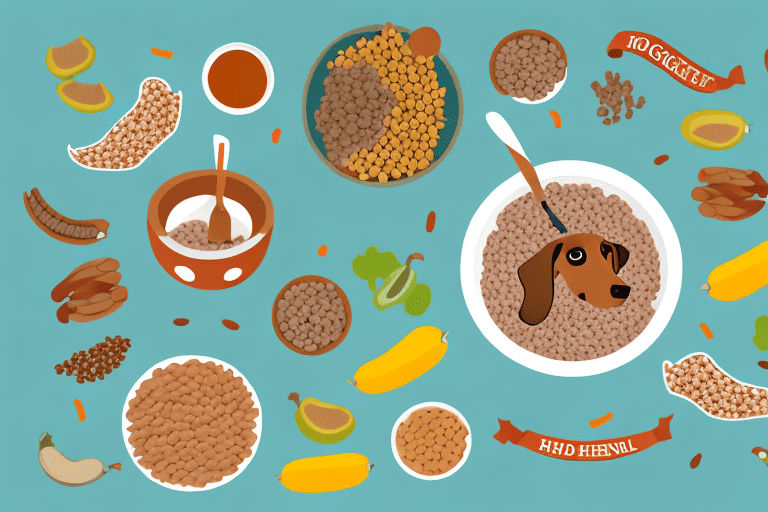 A dachshund happily eating from a bowl filled with high-quality dog food