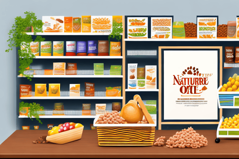 A variety of natures menu dog food products arranged on a wooden shelf