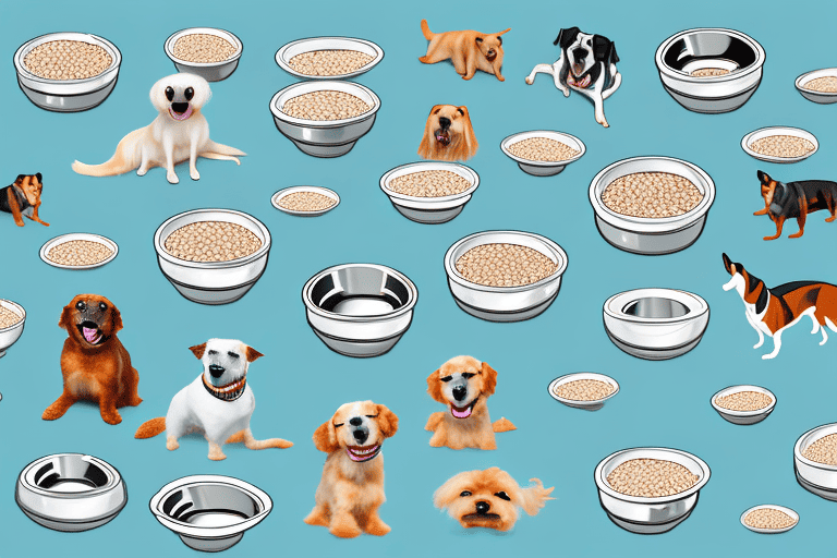 A variety of dogs happily eating from bowls filled with dr. gary's best breed dog food