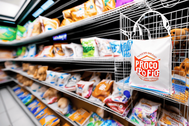 A variety of pro pac dog food bags arranged on a pet store shelf