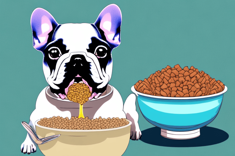 A cute french bulldog puppy happily eating from a bowl filled with premium dog food