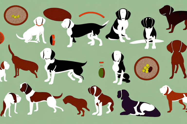 Several different breeds of hunting dogs eagerly eating from bowls filled with various types of nutritious dog food