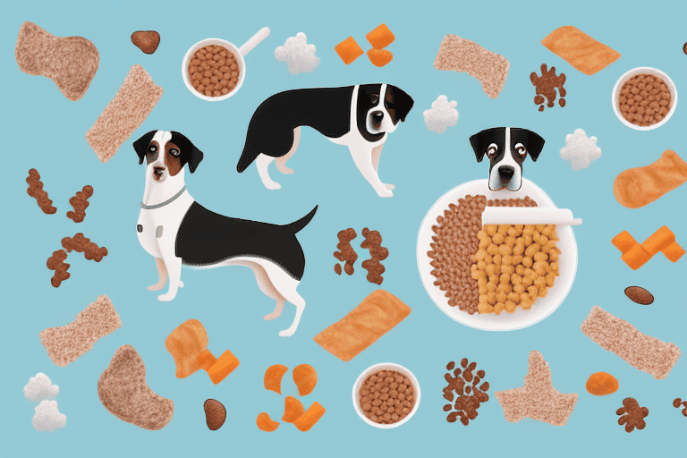 A nursing dog surrounded by various types of nutritious dog food