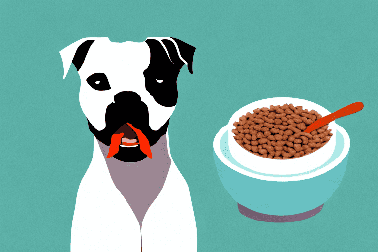 A healthy and vibrant staffordshire bull terrier happily eating from a bowl filled with nutritious dog food