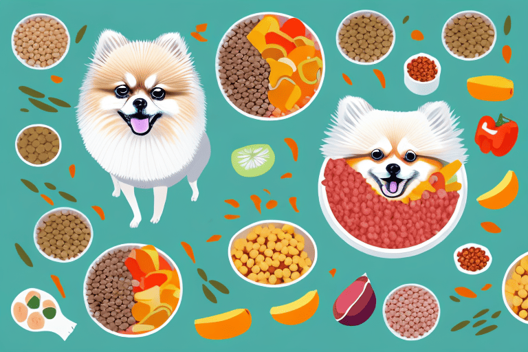 A pomeranian happily eating from a bowl filled with nutritious dog food