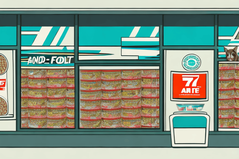 A 7-eleven store with a variety of dog food cans displayed in the window