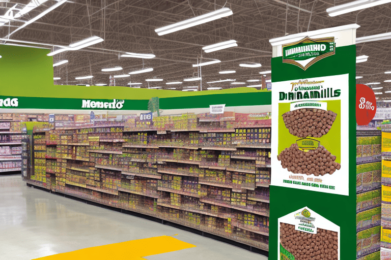 A menards store with a dog food aisle highlighting diamond naturals dog food