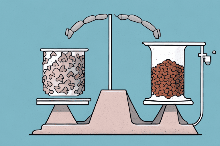 A scale balancing 4 lbs of dog food on one side and several cups filled with dog food on the other side