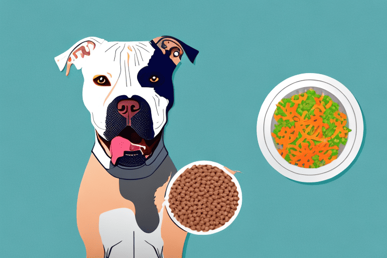 A healthy pitbull dog happily eating from a measured food bowl