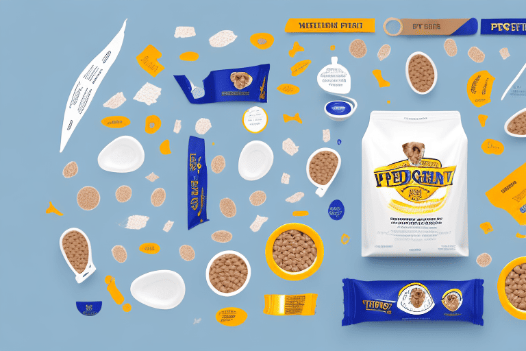 A variety of pedigree dog food products next to a protein measuring scale