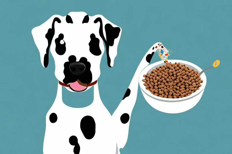 A dalmatian happily eating from a bowl filled with healthy and nutritious dog food