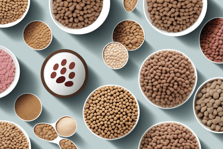 Several different types of dog food in bowls