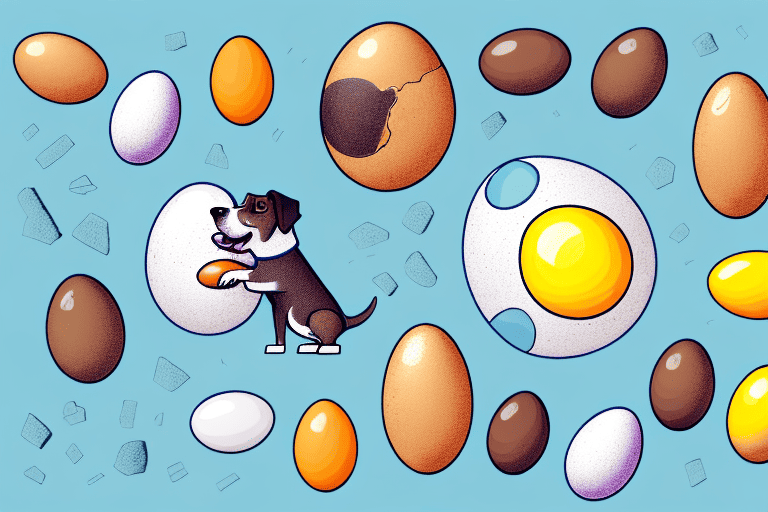 A variety of dog food products with visible eggs and eggshells next to a curious looking dog