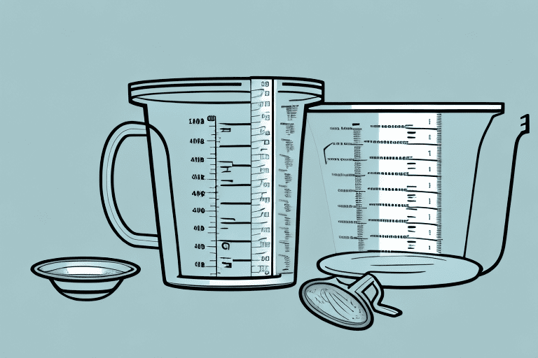 A measuring cup filled halfway with dog food