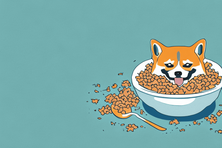 A shiba inu happily eating from a bowl filled with nutritious dog food