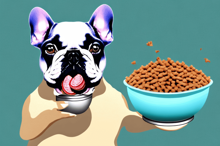 A cute french bulldog puppy happily eating from a bowl filled with healthy