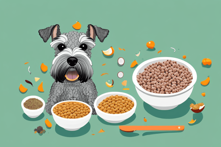 A schnauzer happily eating from a bowl filled with nutritious dog food