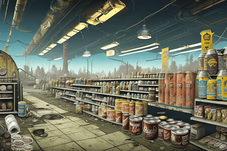 A post-apocalyptic supermarket aisle with various cans and bags of dog food scattered around