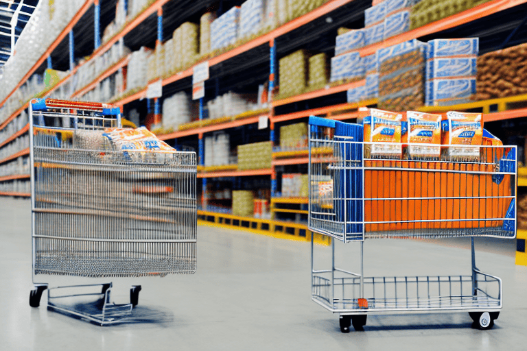 A costco warehouse with a shopping cart filled with iams dog food packages in the foreground