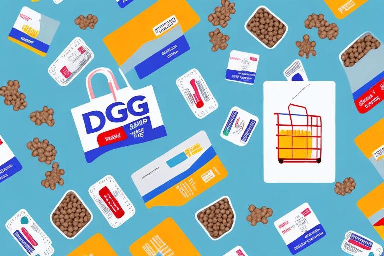 A shopping cart filled with various types of dog food and an ebt card resting on top