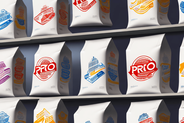 A variety of pro pac dog food bags on a store shelf with a spotlight shining on them