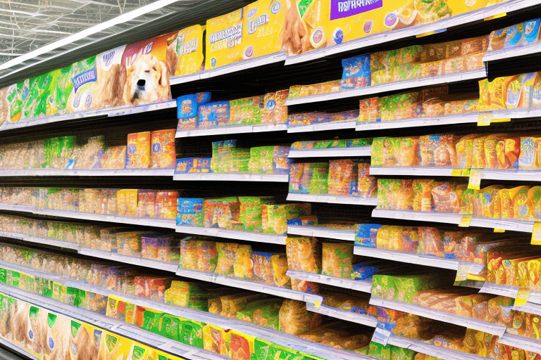 A winco supermarket aisle filled with various types of dog food